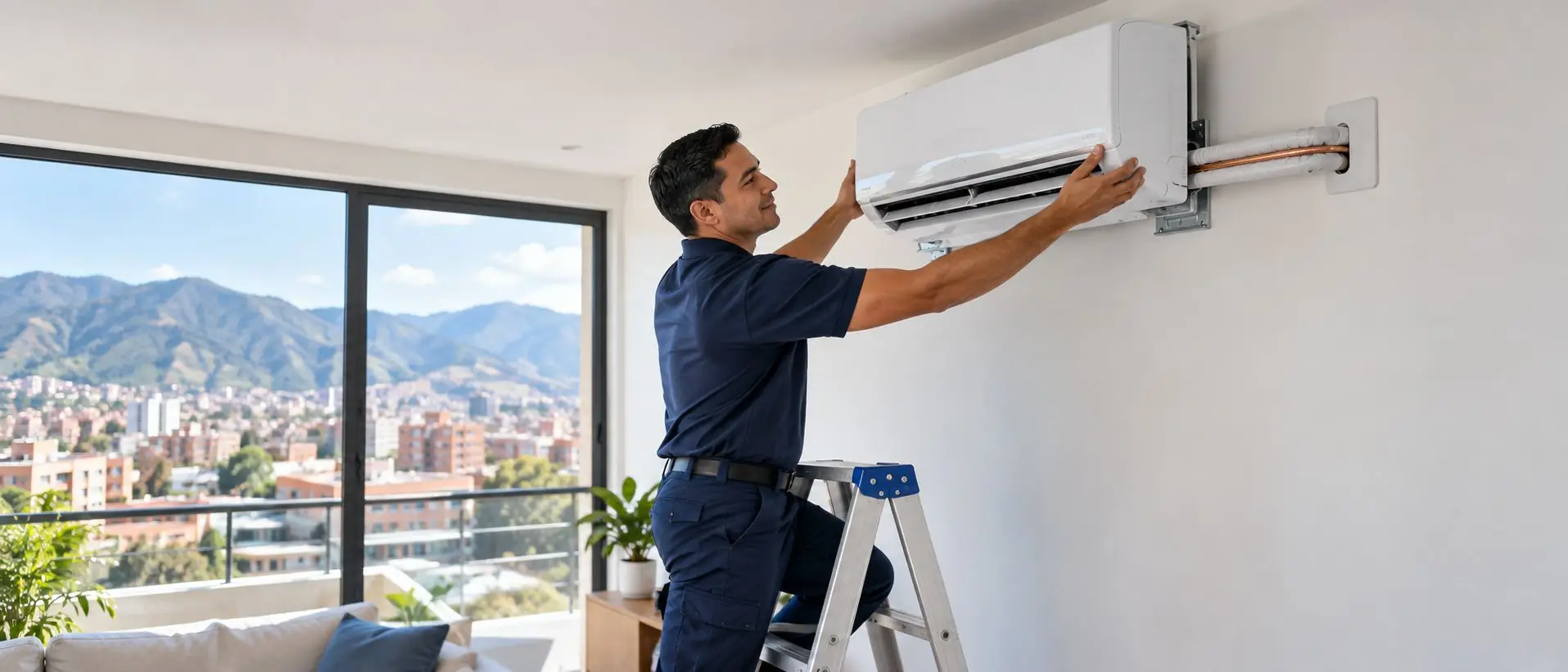 Técnico de Everest instalando un aire acondicionado en Bogotá